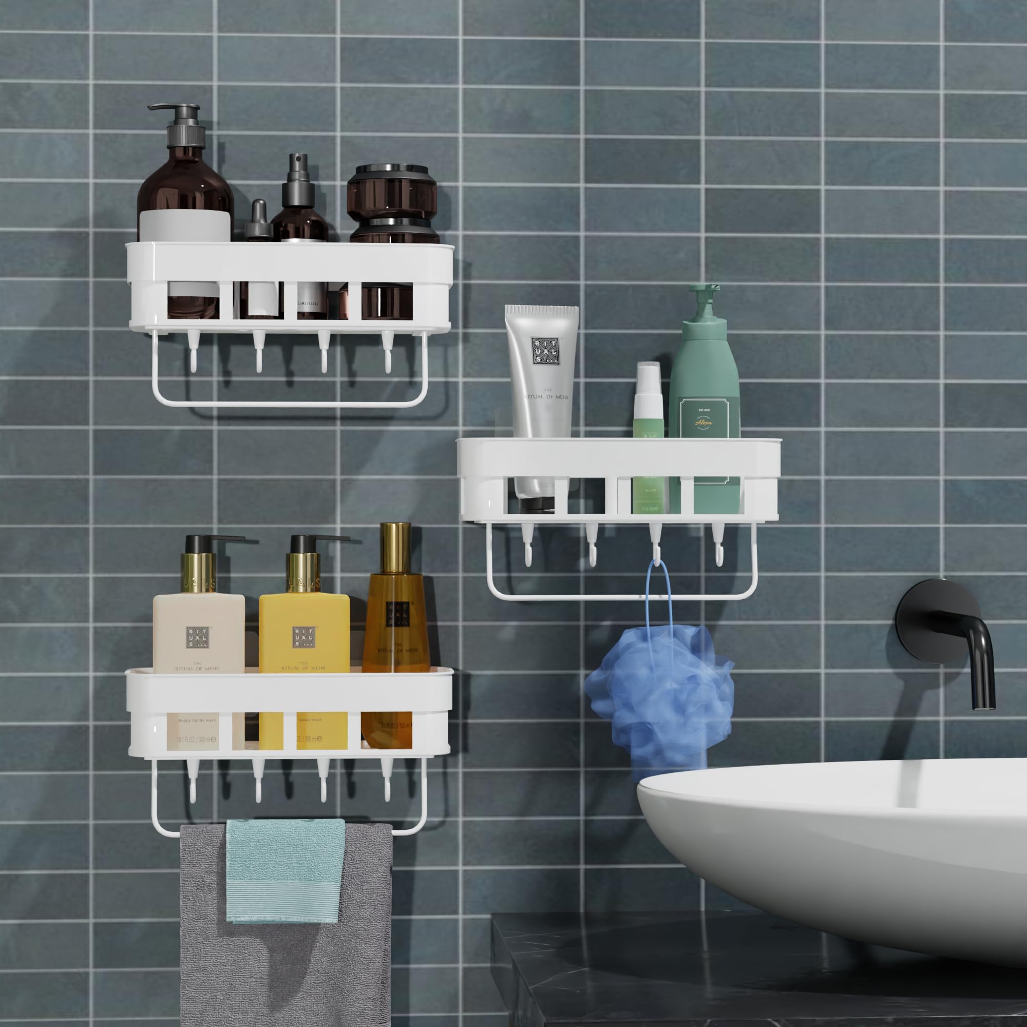 QXORE Bathroom Organiser Shelf for Wall Mounted Accessories,Plastic Bathroom Self Adhesive Shelves Without Drilling with Hanging Shelves- White (3 Hevy Shelf) (B0CFXP3GRM) Amazon Price History, Amazon Price Tracker