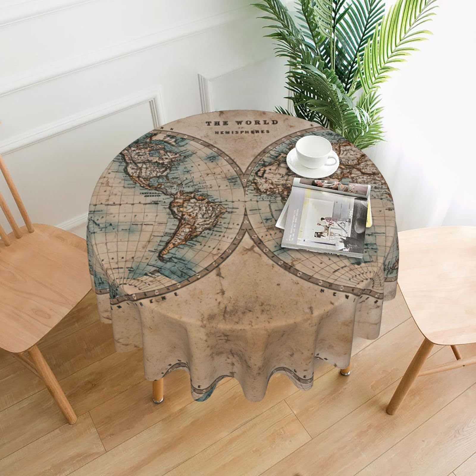 Uusnwaa Old Stained World Map Print Round Tablecloth 60 Inch, Stain Wrinkle Resistant Washable Polyester Table Cover For Kitchen Party