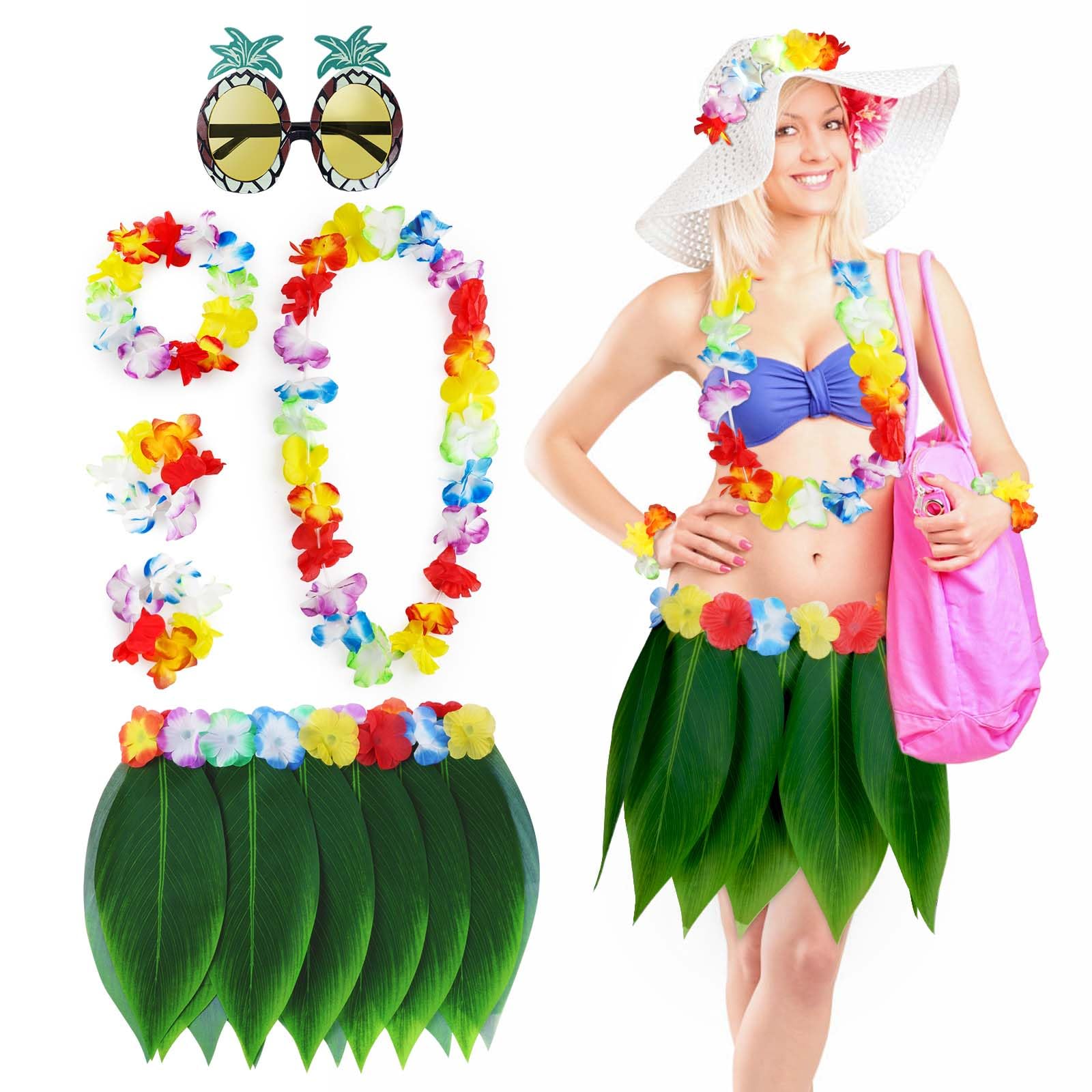 Aomig Hawaiian Leaf Skirt Grass Skirt, Hawaiian Garlands Hawaiian Leis Set