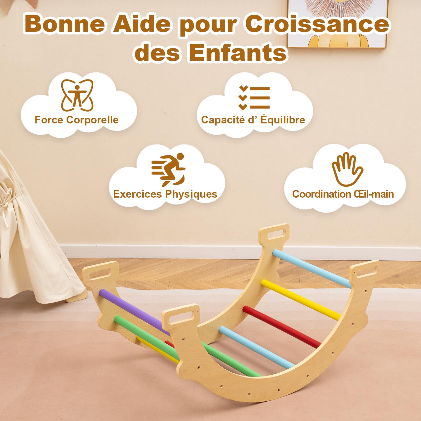 GOPLUS 2 en 1 Arco de Escalada Infantil de Madera, Basculante Con Cojín Suave, Montessori de Juego de Equilibrio de Entrenamiento, Carga 50 kg, Para 1 Año+ (Colorido)