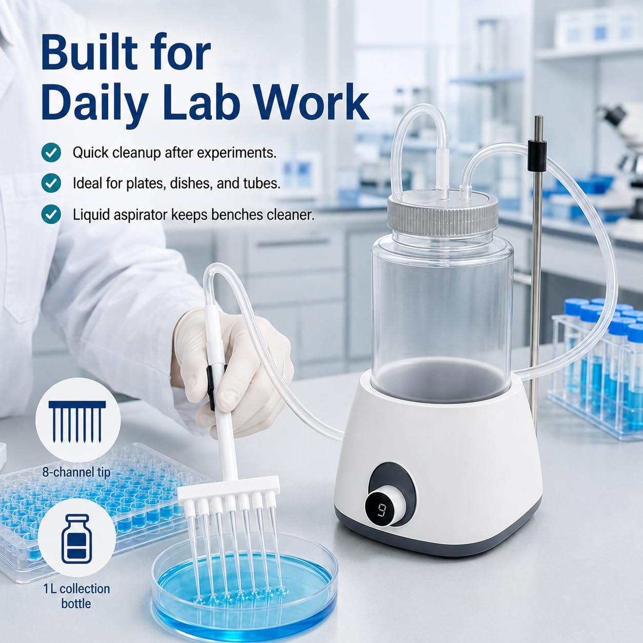 Bomba aspiradora de vacío para reciclador de líquidos de laboratorio, 1 litro, colector de líquidos residuales de mesa con tanque transparente para laboratorio de biología química