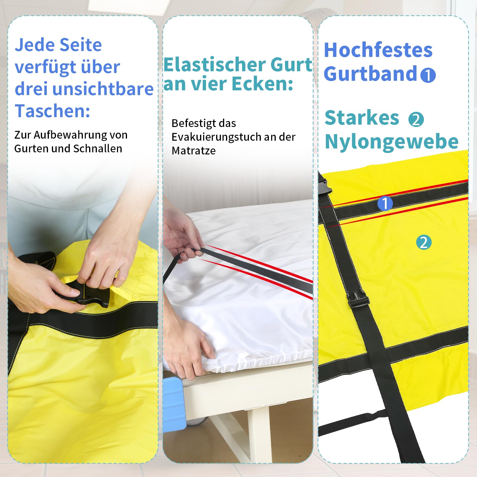 Evakuierungstuch Rettungstuch mit Sicherheitsschnallen für bettlägerige Personen, Notfall Evakuierungsmatte für Patiententransfer, Transferhilfe für Pflegeheim und Zuhause