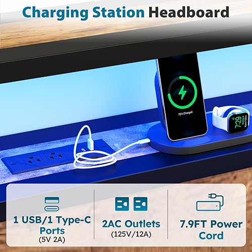 Miniatura 40 de Base de cama de tamaño matrimonial con cabecero, plataforma LED con 4 cajones de almacenamiento, estación de carga integrada, sin ruido, base de