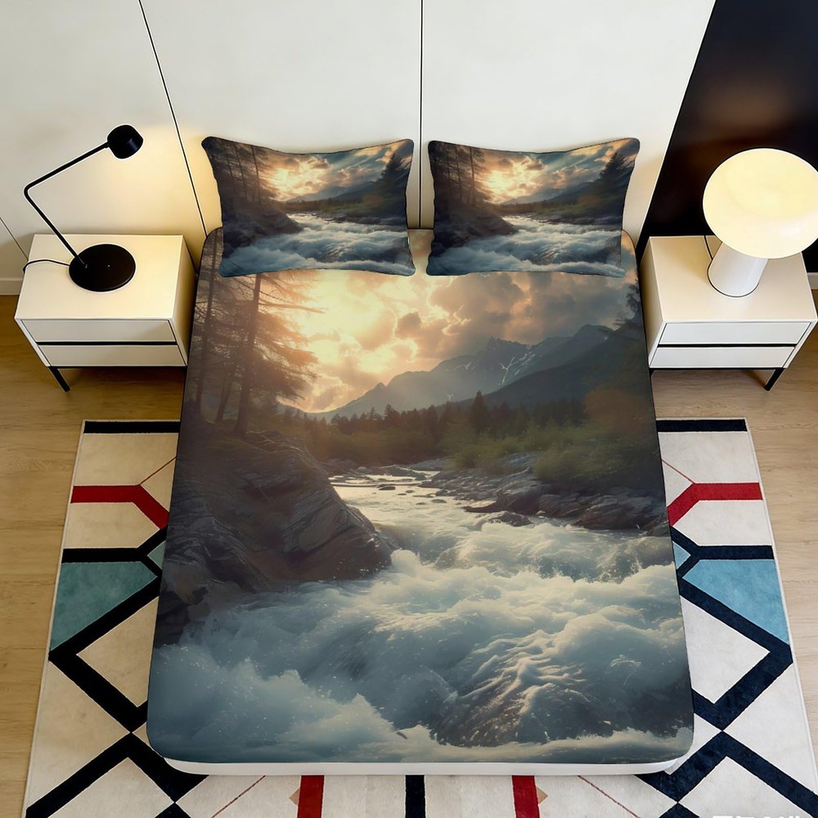 3D Printed Mountain Sunset Fitted Sheet Microfiber Scenic River Mattress Cover for Bedroom Guest Room Decor 90x200x25cm