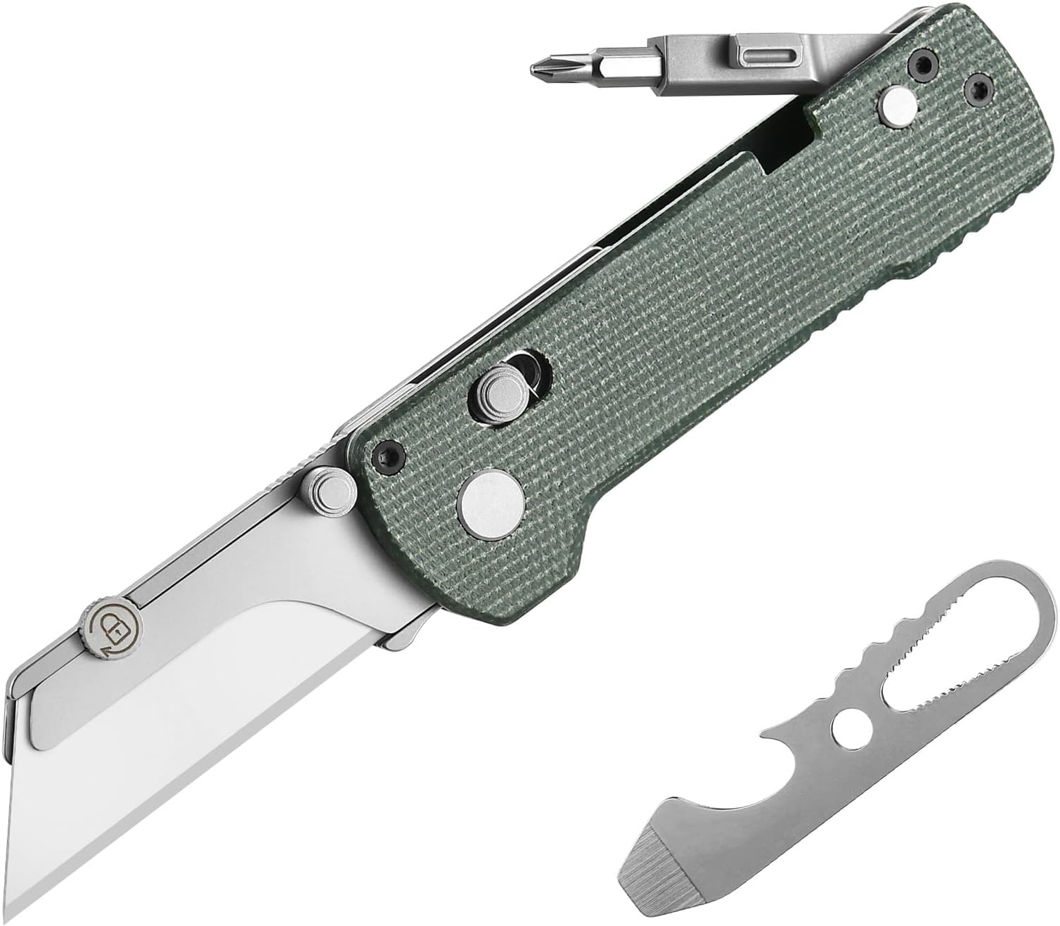 U1 Pro Multitool Folding Utility Knife with Folding Screwdriver, Quick Change Blade, Rail Lock & Pocket Clip for Men Women (Green Micarta)