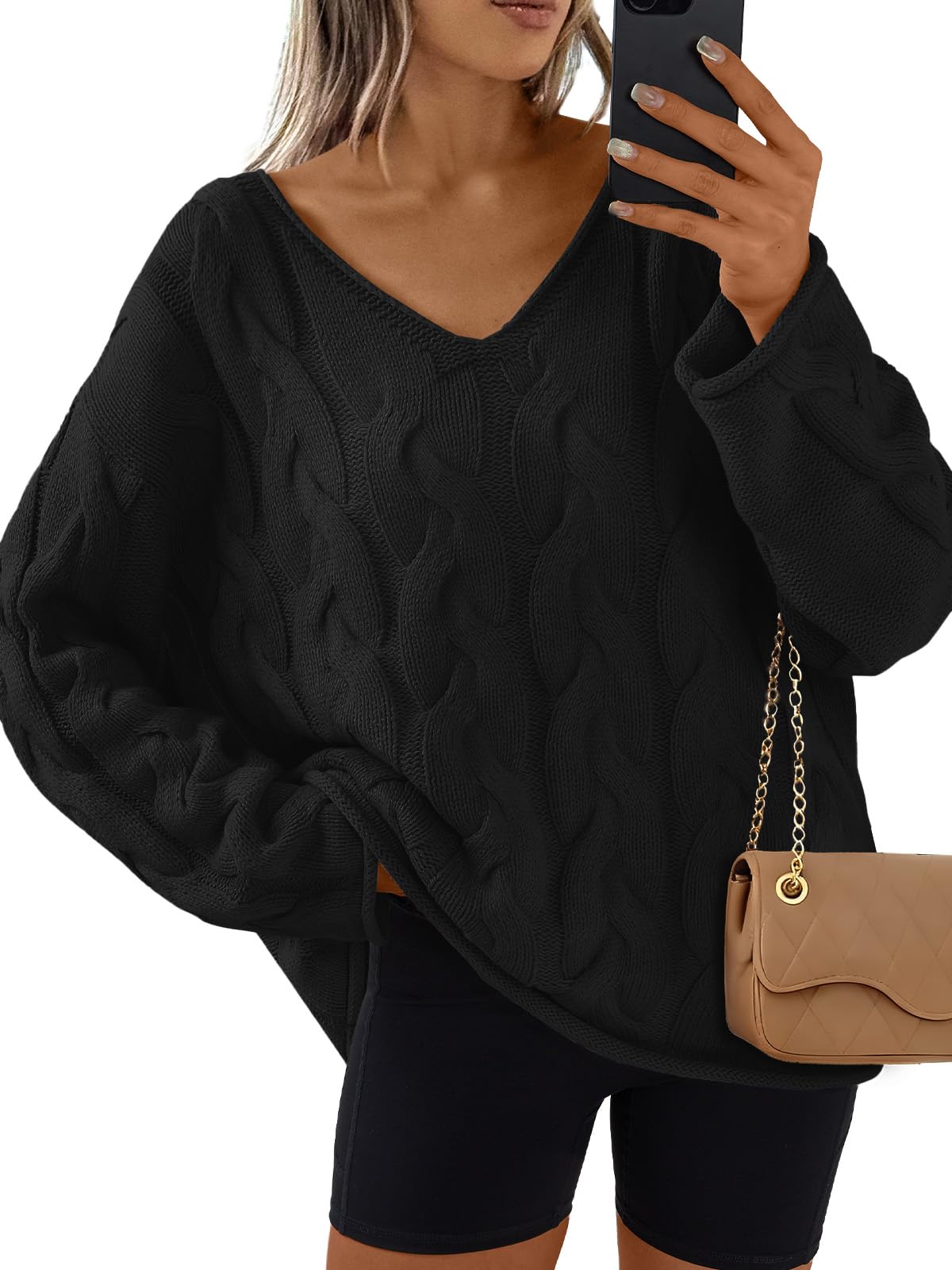 Oversized Long Sleeve V Neck Cable Knit Sweaters-image-31