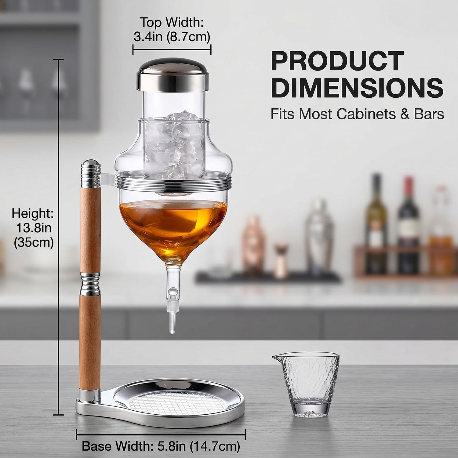 Luksusowy Ice Drip Ekspres Do Kawy Szklany Lejek Stojak Drewniany | Podwójny Szklany Lejek Premium Z Naturalnym Drewnianym Stojakiem Slow Drip I Cold Brew Tower Z Precyzyjnym Kroplownikiem