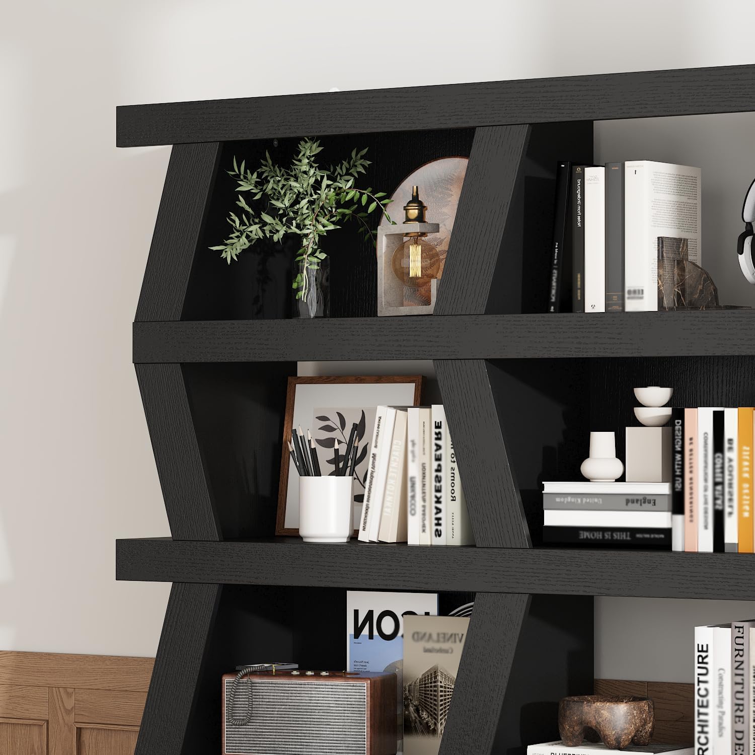 Hitow 51.2" W 5-Tier Bookshelf with 10 Compartments, Modern Book Storage Rack with Irregular Shape, Wooden Display Shelf Cabinet, Black