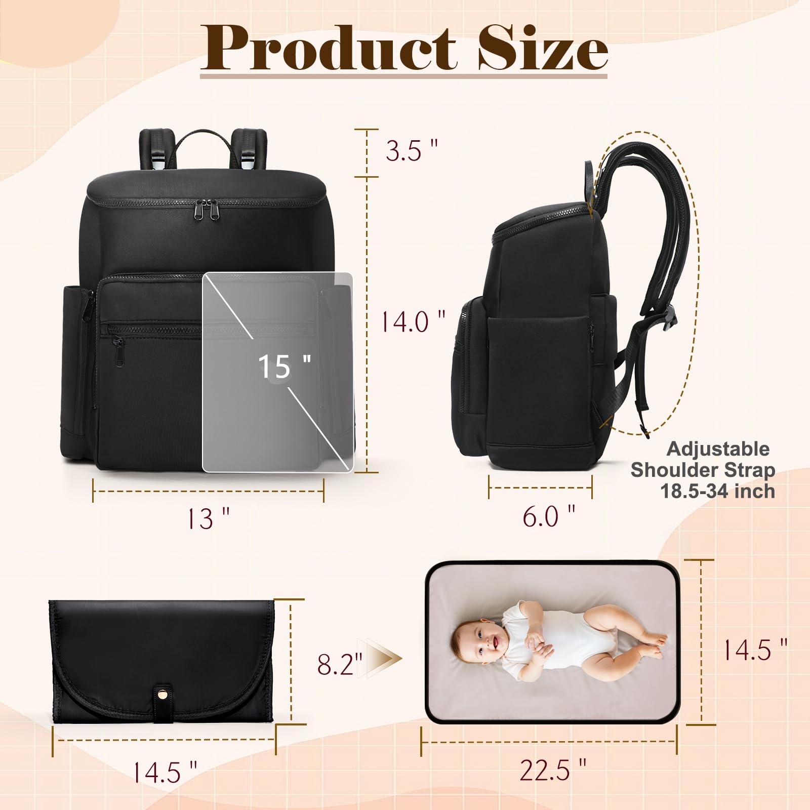 MISS FONG Zaino per pannolini, zaino in neoprene, grande zaino per pannolini con 16 organizer per pannolini, 4 tasche isolate, borsa da viaggio leggera con fasciatoio per mamma e papà