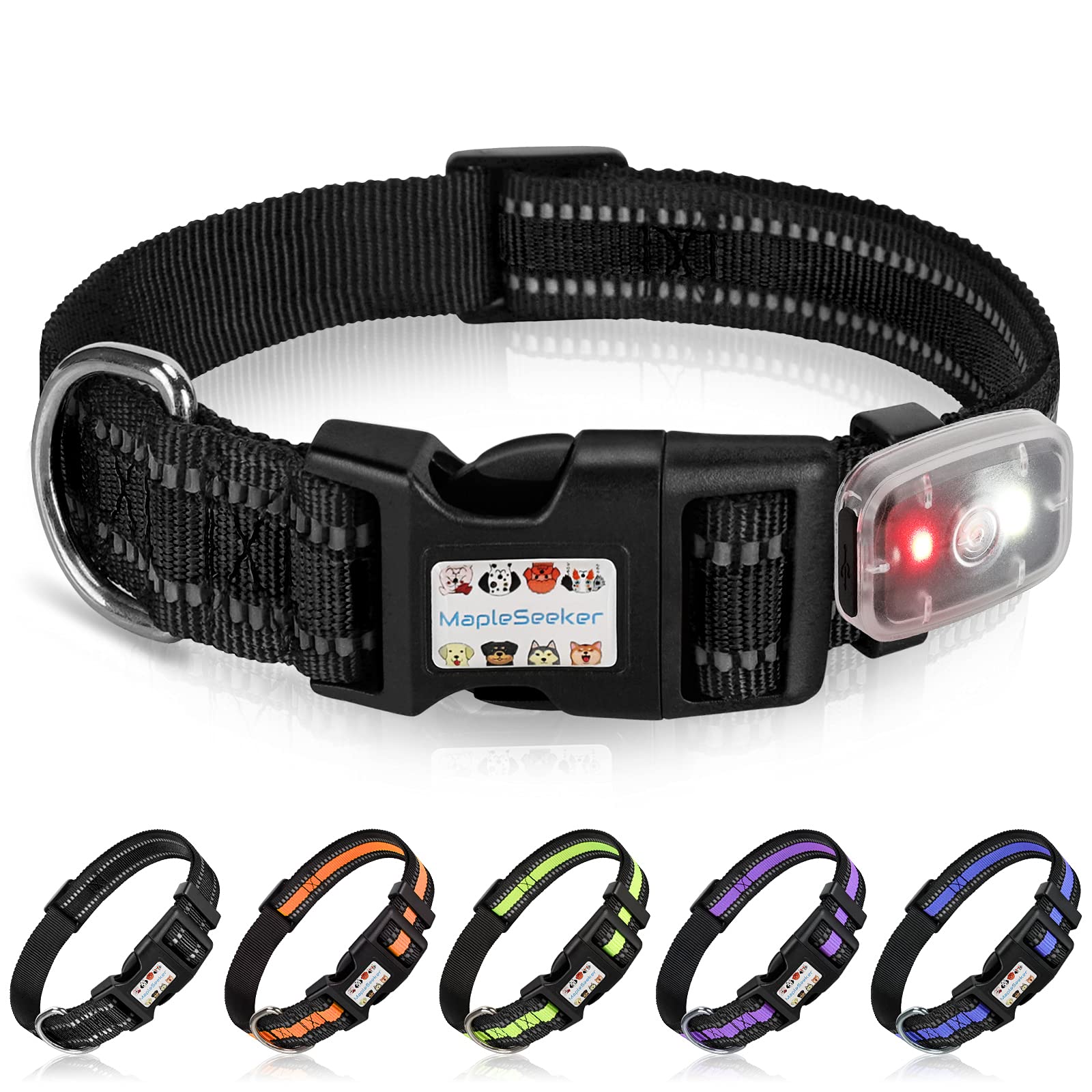 MapleSeeker Reflective Dog Collar with LED Light, Adjustable Nylon Puppy Collar with Quick Release Buckle, Cool Indestructible & Extra Strong for Male Female, Small Medium Large pet/L, Black