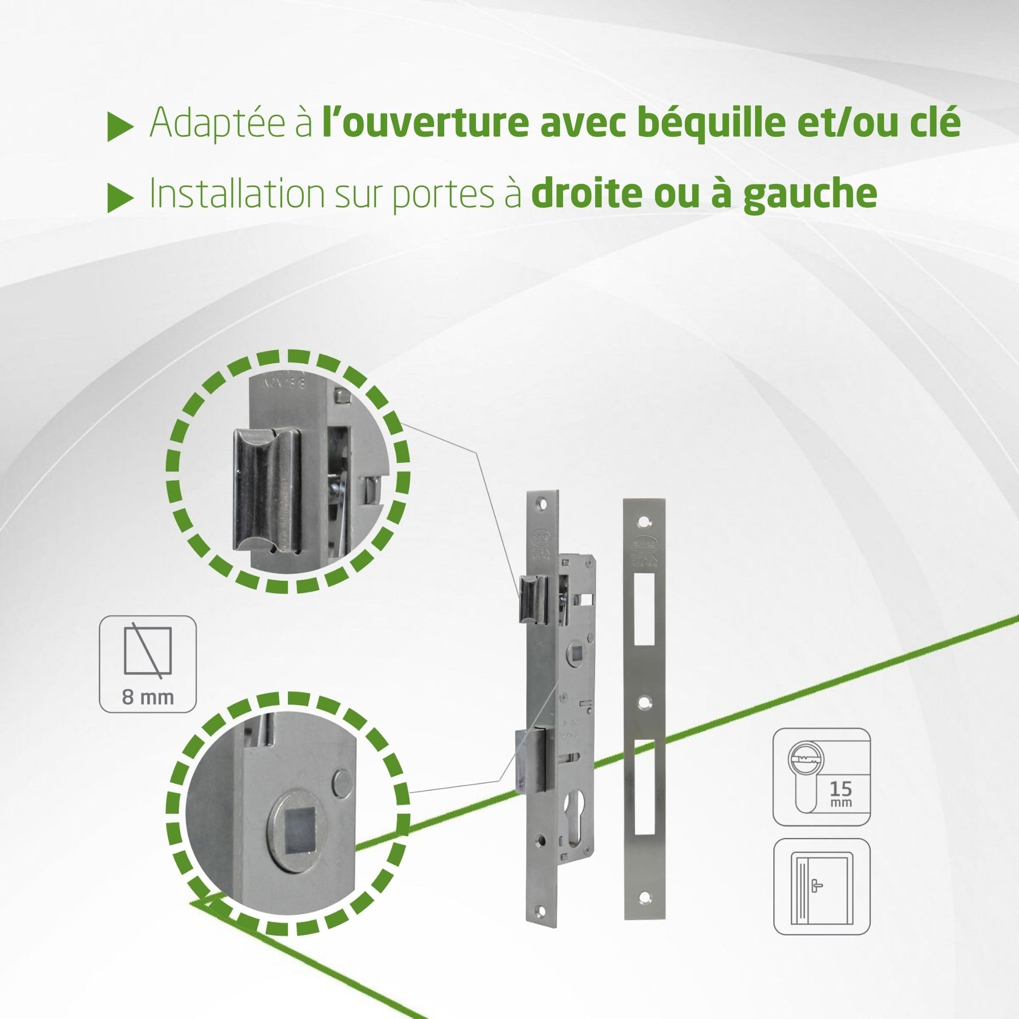 Amig - Serrure à mortaise pour menuiserie métallique - 32 mm - Pour cylindre Europrofilé à came de 15 mm - Poignée réversible - Acier inoxydable - Cylindre et clés non inclus