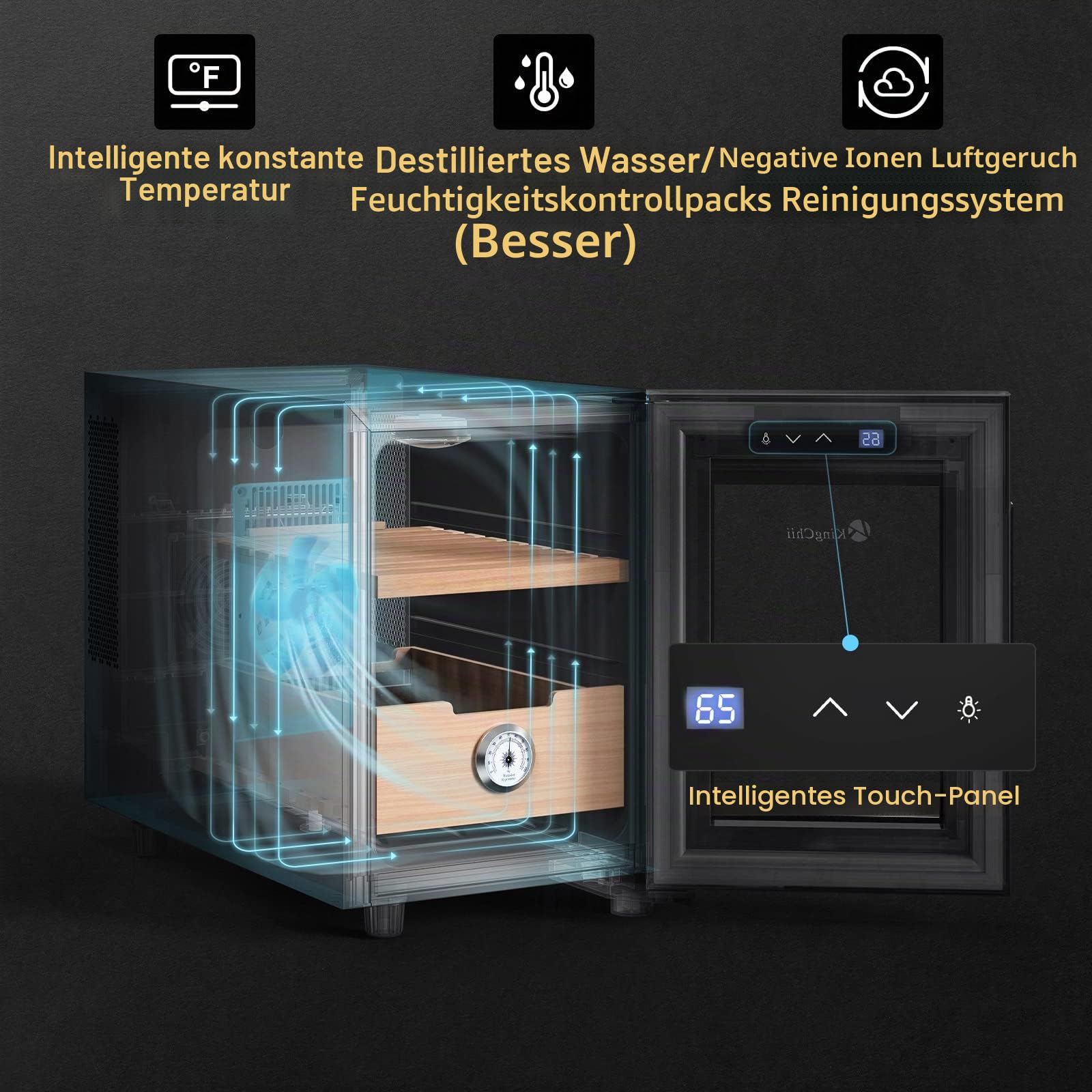 KingChii 16L Elektrischer Zigarren-Humidor, Kühlkontrollsystem, Elektronischer Kühler-Humidor-Schrank mit Regalen aus Spanischer Zeder und Hygrometer (2 Schichten, 100 Kapazität)