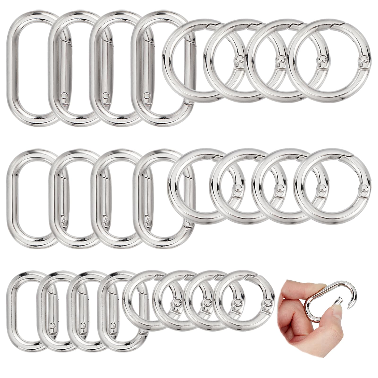 WADORN 24 Pieces Spring Gate Rings, 20/25/27/31/38/44mm Spring O Rings Round Loaded Gate Oval Clips Snap Hooks Trigger Spring Keyring Buckle DIY Accessories for Bag Purse Shoulder Strap Key Chains