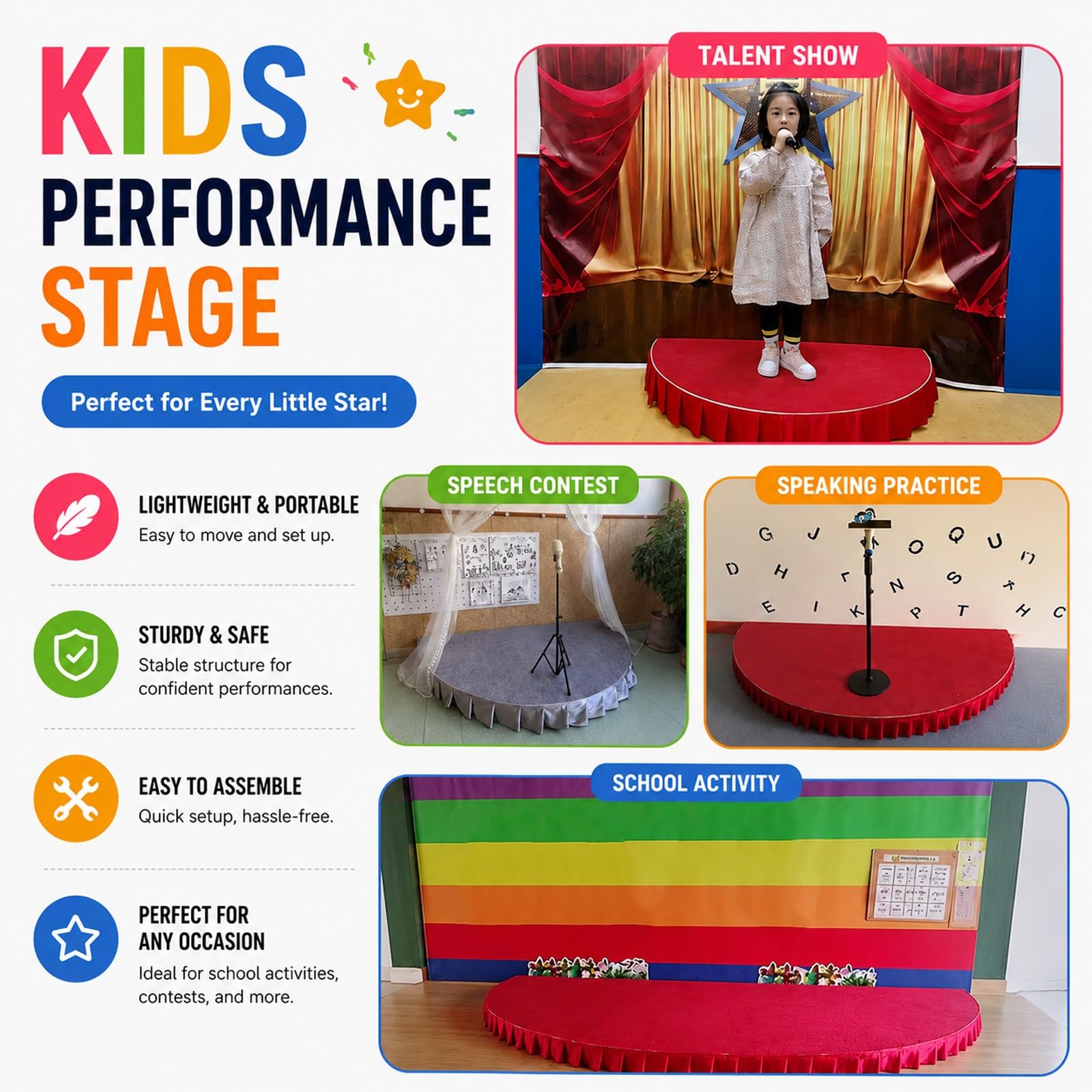 Palco portatile per bambini, include grembiule da palcoscenico, elevata capacità di carico, ideale per ospitare discorsi in pubblico e canti(Red A,100x100cm)