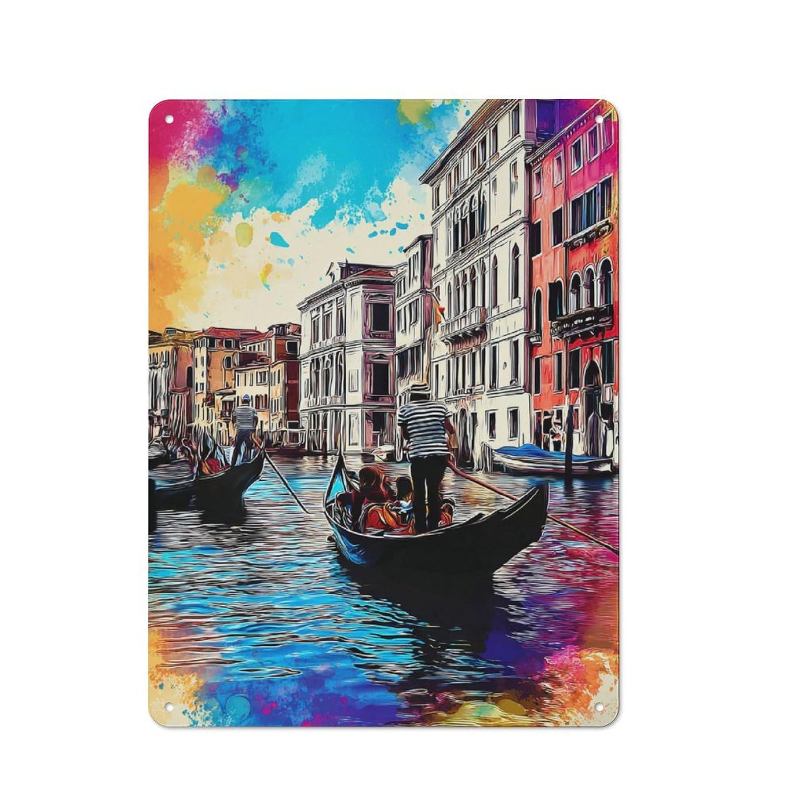 Junmoney Colorful Venice Canals With Gondolas -2 Vintage Decorative Metal Plaque 40X30cm, Garden Room Wall Plaque For Shed, Garden Room, Porch Or Garage