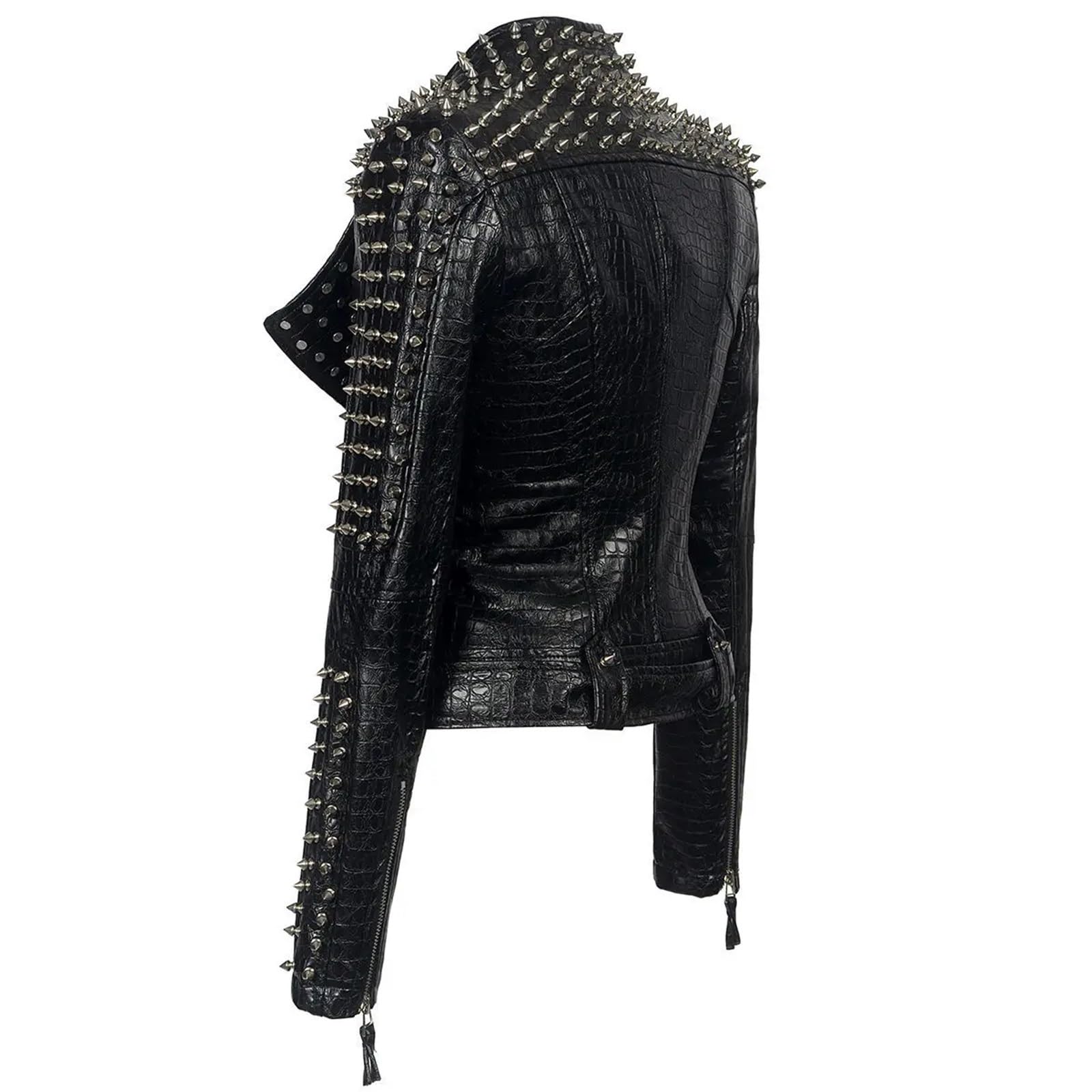 Chaqueta Cuero Mujer Abrigo de cuero invierno con múltiples remaches, chaqueta corta manga larga, moda for mujer, ropa punk rock negra Para salir