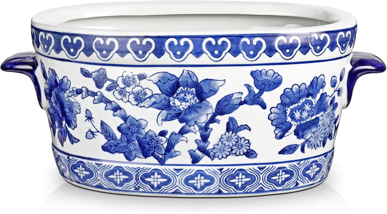 Blue and White Ceramic Planter Pot – Vintage Floral Oval Cachepot Vase for Indoor Plants, Flowers & Succulents – Glazed Chinese Porcelain Style Decorative Bowl –10.6" Size – No Drainage