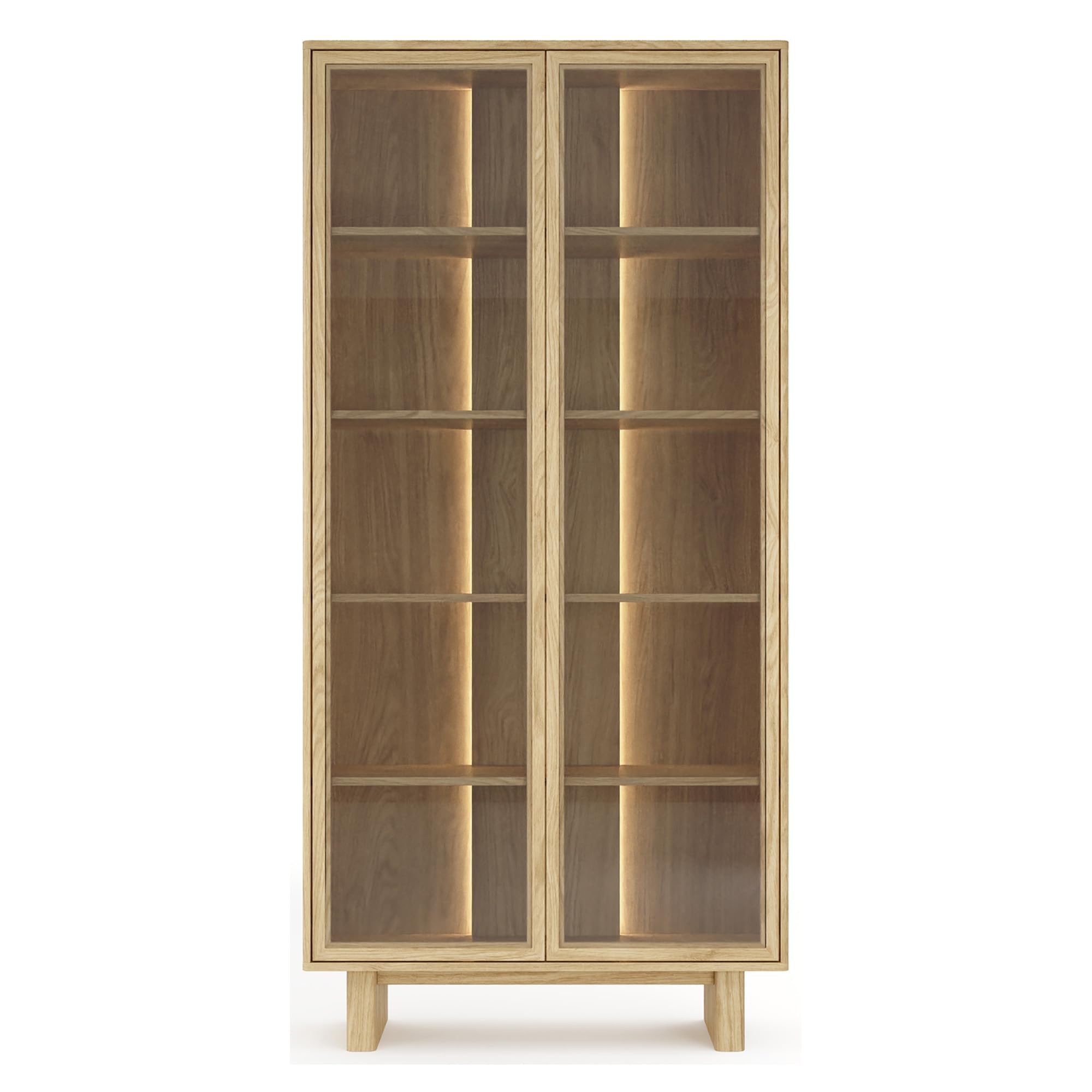 Dmora Vitrina Bayburt 94 x 38 x 195 cm de altura, marrón roble, 4 estantes y 2 puertas, mueble expositor con LED