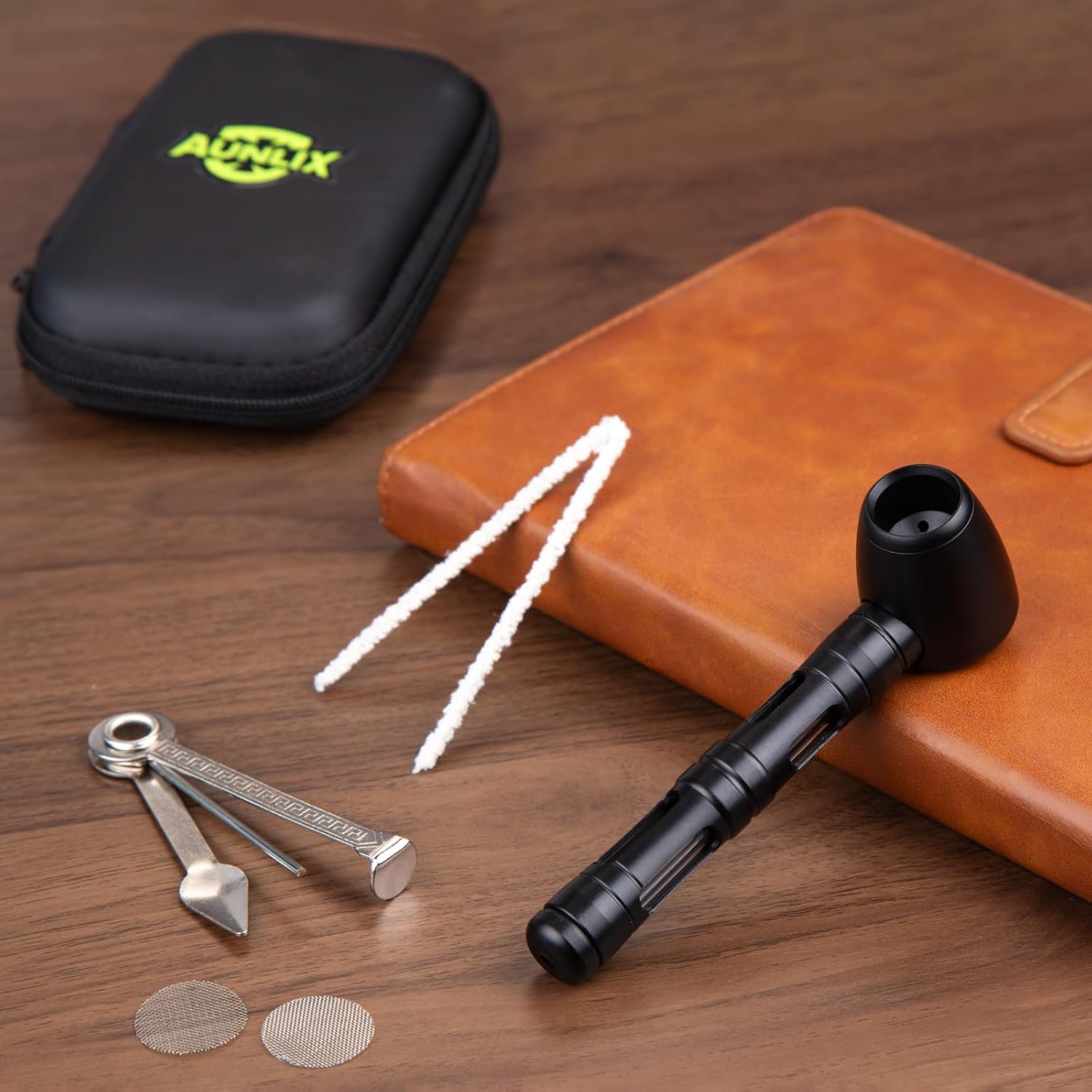 Tobacco Pipe Set - Dual Color Mini Smoking Pipes with Wood Grain Finish, Travel Case, Cleaning Kit & Pipe Tool - Compact Giftable Pipes for Men, Beginners, Home or Outdoor Use (Black)