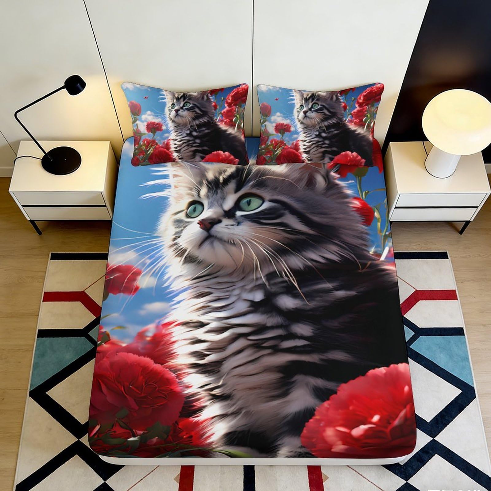 Dhbaneiok Style-9 3D Printed Cat Flower Fitted Sheet Microfiber Anti-Slip Machine Washable Bed Cover Bedroom Decor Protection 90X200x25cm