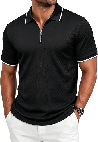 Mens Zipper Polo Shirt Casual Textured Knit Short Sleeve Polo T Shirt Summer Vacation Beach Golf Shirts