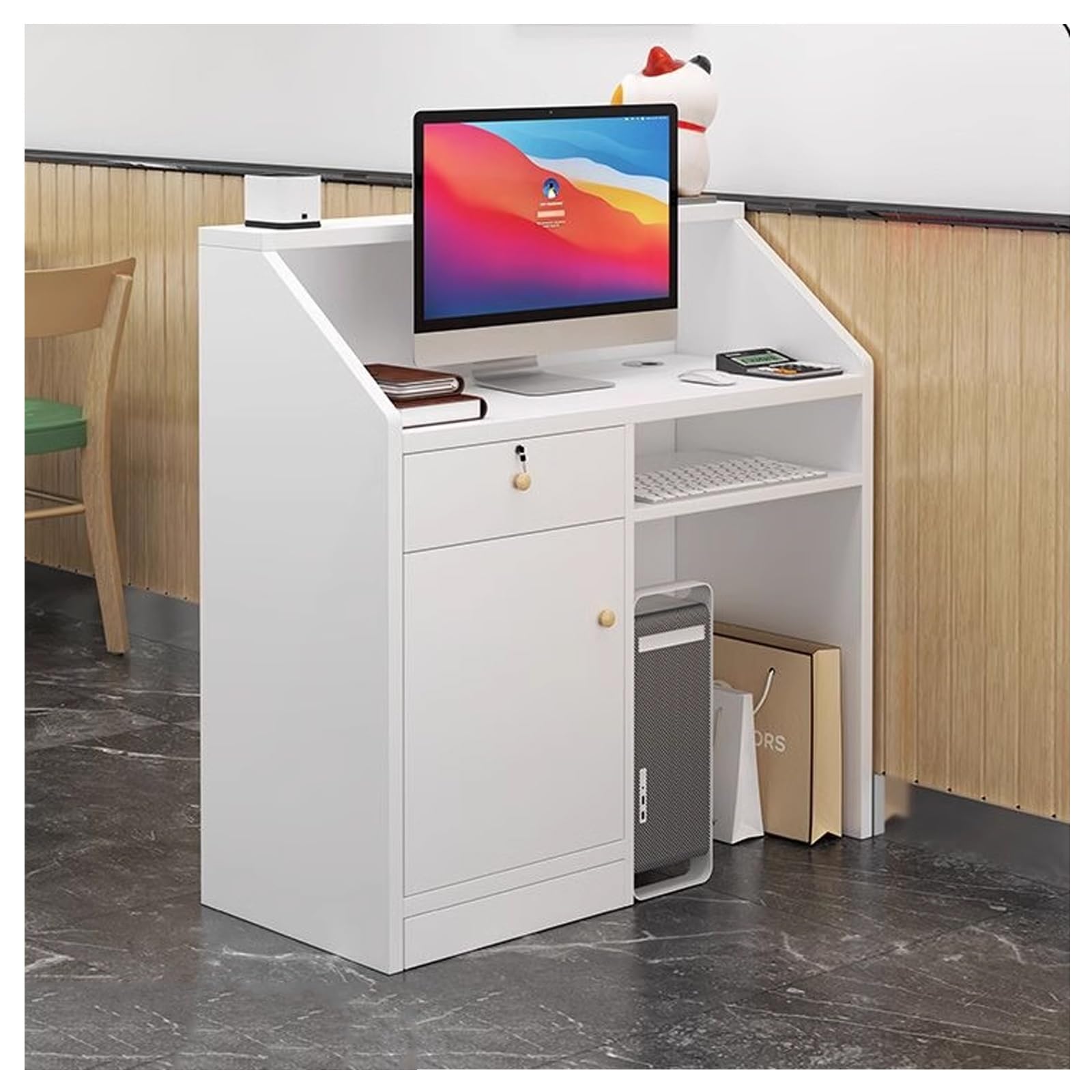 Reception Desk with Counter, Front Desk Receptionist Counter with Lockable Drawer & Cable Grommet, Retail Checkout for Office, Shop, Salon(E,60cm/23.9in)