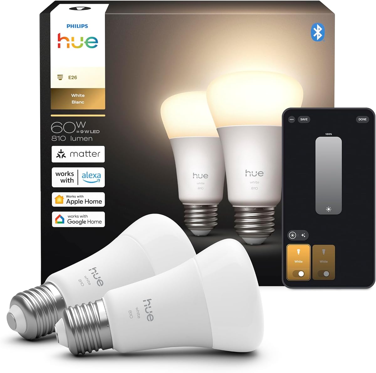Bombilla LED inteligente A19, paquete de 2, luz blanca cálida 2700K, base E26, 9W, 810 lúmenes, regulable, funciona con Alexa, Google Assistant y Apple Home