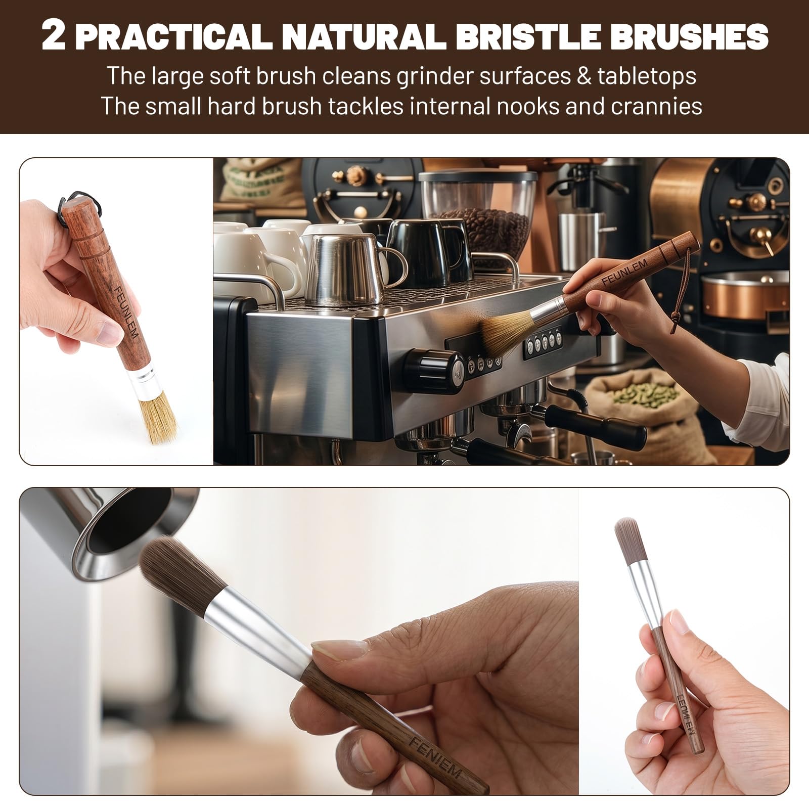 Kit de limpieza para molinillo de café, juego de cepillos para máquina de café expreso, 6 piezas con cepillo de cabeza de grupo, cepillo de largo alcance, cepillo de madera de nogal, soplador