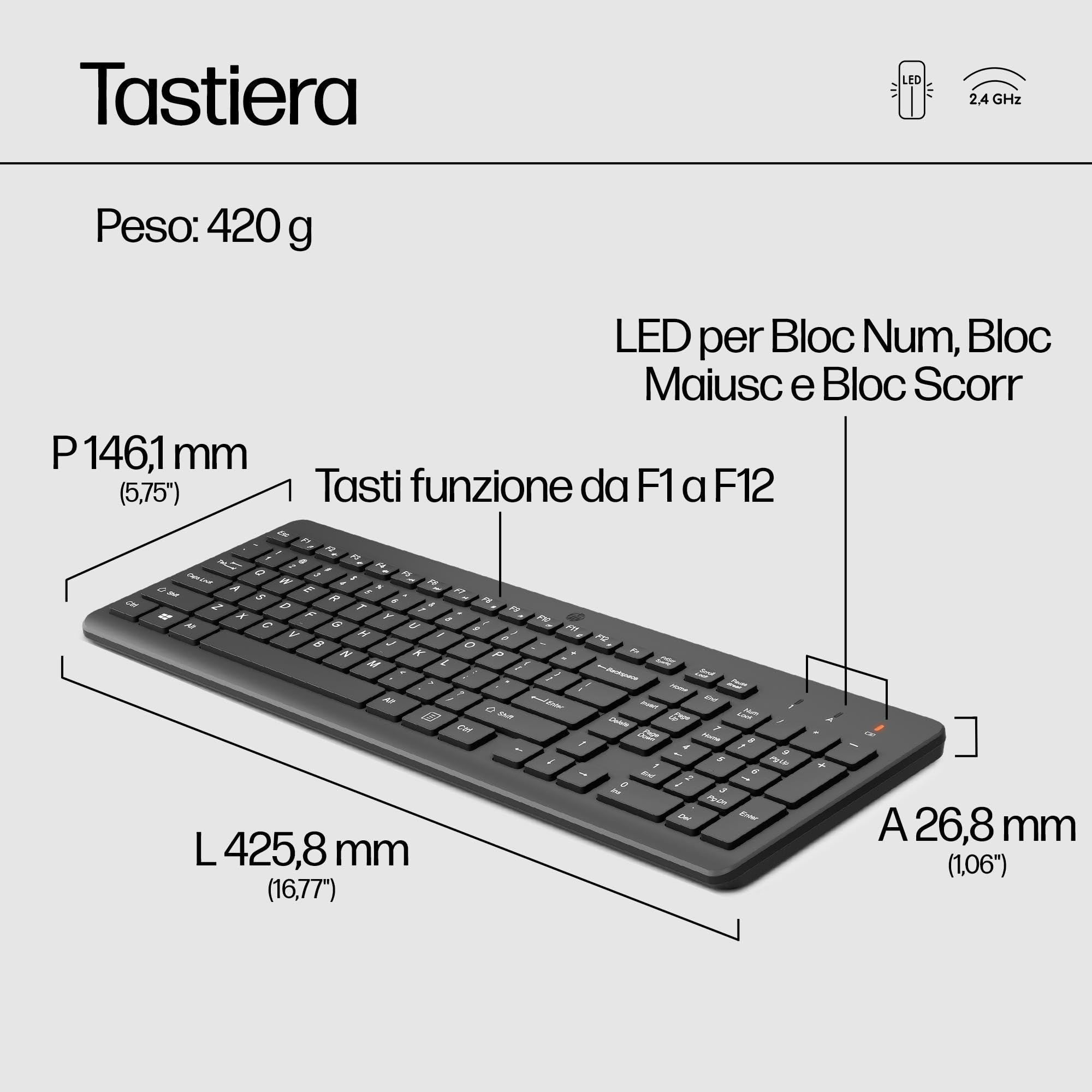 HP 330 Combo Tastiera e Mouse Wireless a 2,4 GHz, Indicatore LED Blocco Maiuscole, 12 combinazioni di tasti, Plug and Play, Mouse sensore ottico da 1600 DPI, Compatibile con Windows 10 e 11, Nera
