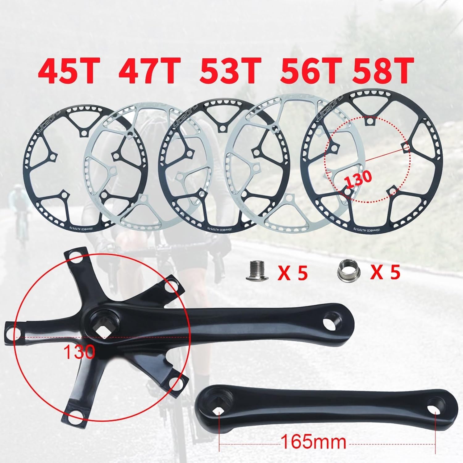 Bike Square Taper Crankset 165mm Folding Road Bike Crankset 130 Single Speed Chainring 45T 47T 53T 56T 58T Aluminium Alloy Ultralight Cranksets Arm