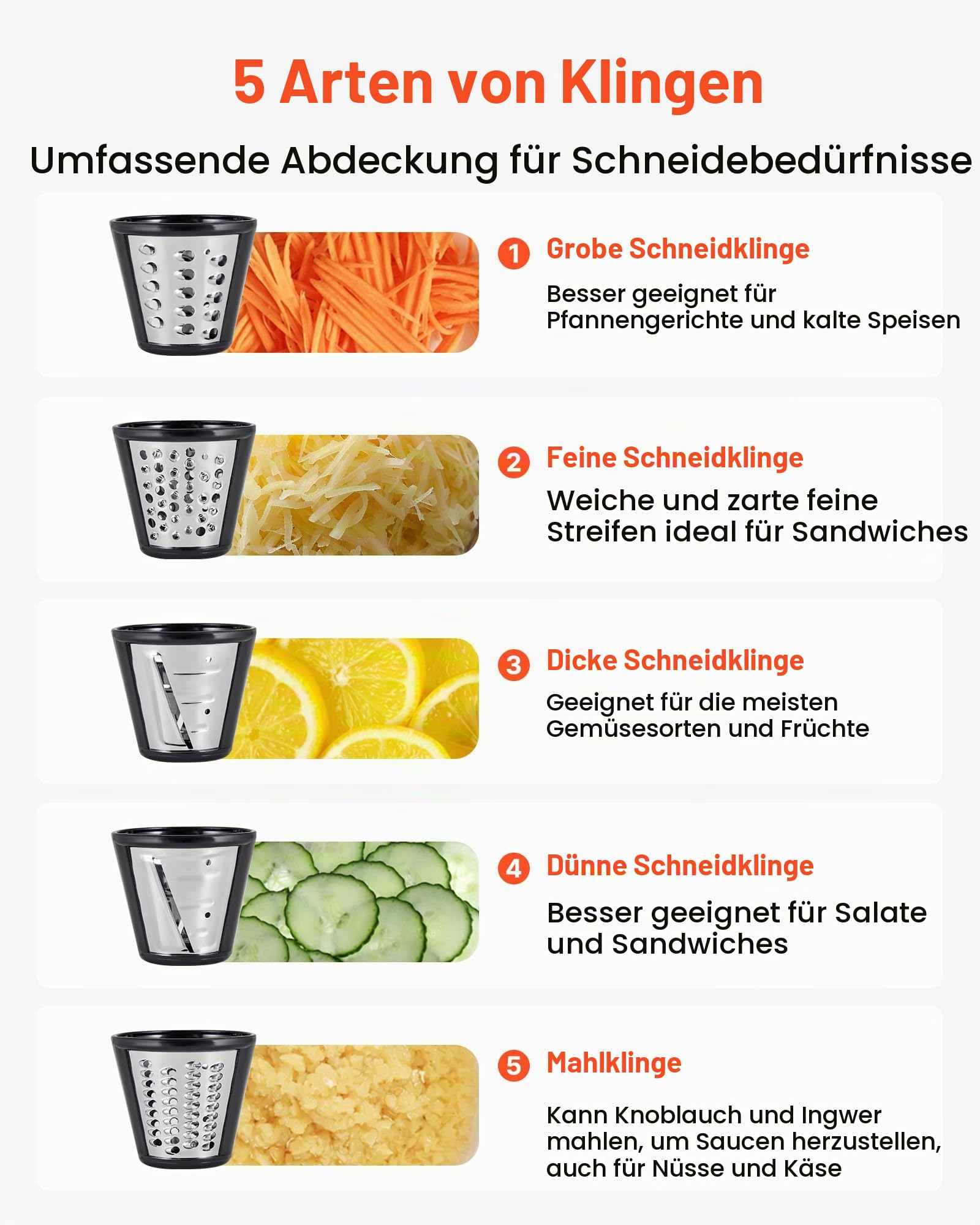 VEVOR Elektrische Käsereibe Salatzubereiter 200 W Gemüsehobel Gemüseschneider, Drehreibe mit 5 Aufsätzen, Lebensmittelschneider mit Edelstahlklingen für Gemüse Käse schnelles Schneiden