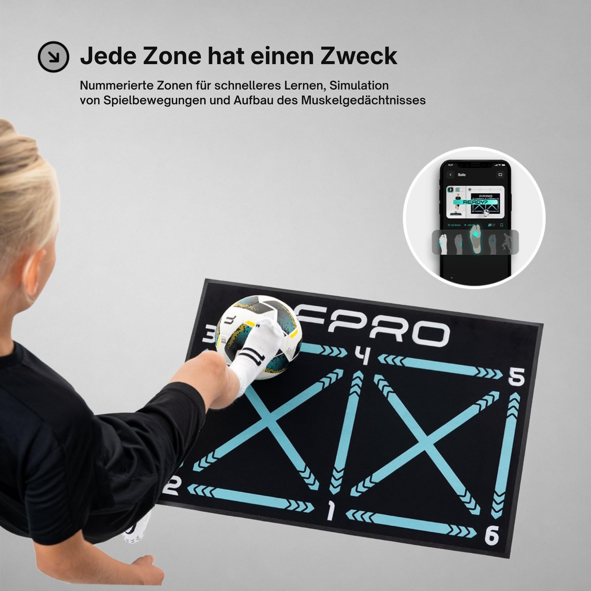 FPRO Fußball-Trainingsmatte – Professionelles Ballkontroll-Trainingssystem mit App – Verbessert Ballannahme, Dribbling & Koordination zu Hause