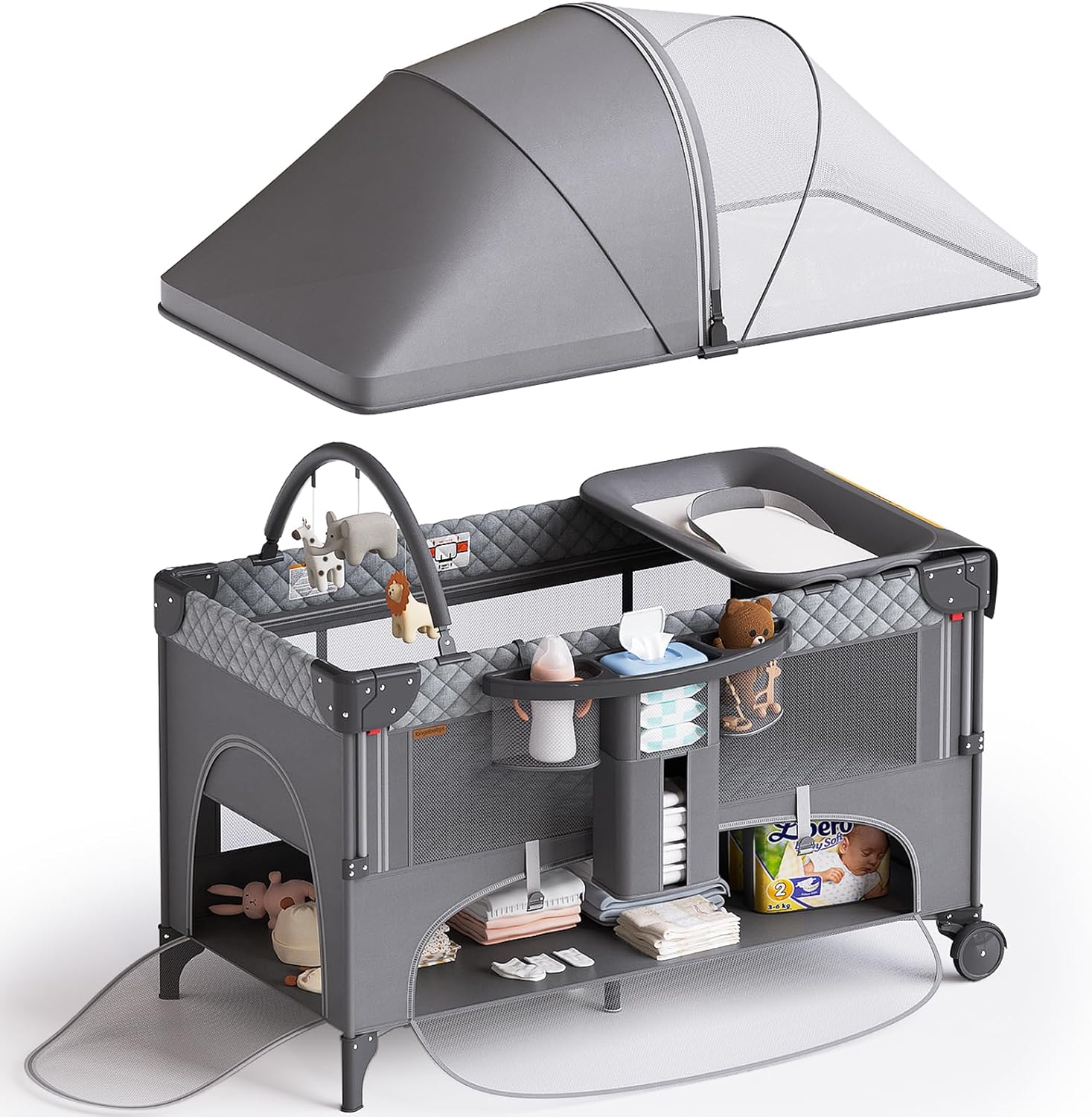 4 in 1 Baby Bassinet,Pack and Play,Bedside Crib Sleeper,Baby Bassinets Bedside Sleeper with Diaper Changer, Mosquito Net,Bottom Storage and Toy Bar for Newborn to Toddles (Grey)