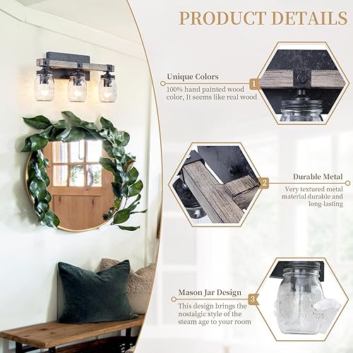 Miniatura 5 de Lámparas de baño de 3 luces, aplique de pared moderno negro, luces de tocador de granja con tarro de vidrio transparente, lámpara de pared para