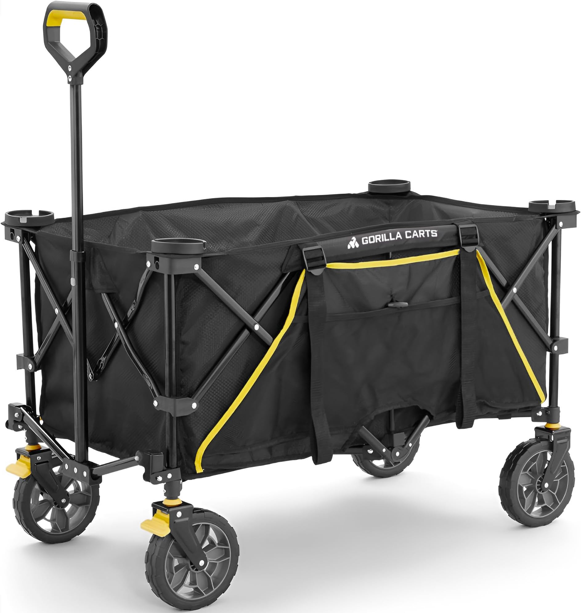 Collapsible Folding Outdoor Utility Wagon, 7 Cu Ft Oversized Bed, 150 lb Load Rating, Black – Foldable Rolling Cart w/ Pockets & Cup Holders for Beach, Camping, Sports or Picnic