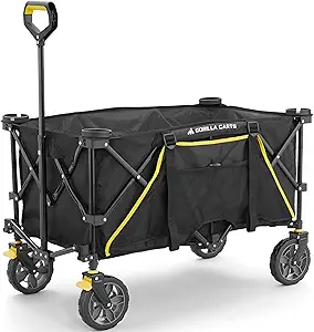 Gorilla Carts Collapsible Folding Outdoor Utility Wagon, 7 Cu Ft Oversized Bed, 150 lb Load Rating, Black – Foldable Rolling Cart w/ Pockets & Cup Holders for Beach, Camping, Sports or Picnic
