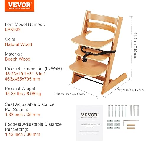 Miniatura 6 de VEVOR Silla alta de madera para bebés y niños pequeños, silla de alimentación ajustable convertible, silla alta para comer y crecer con bandeja,