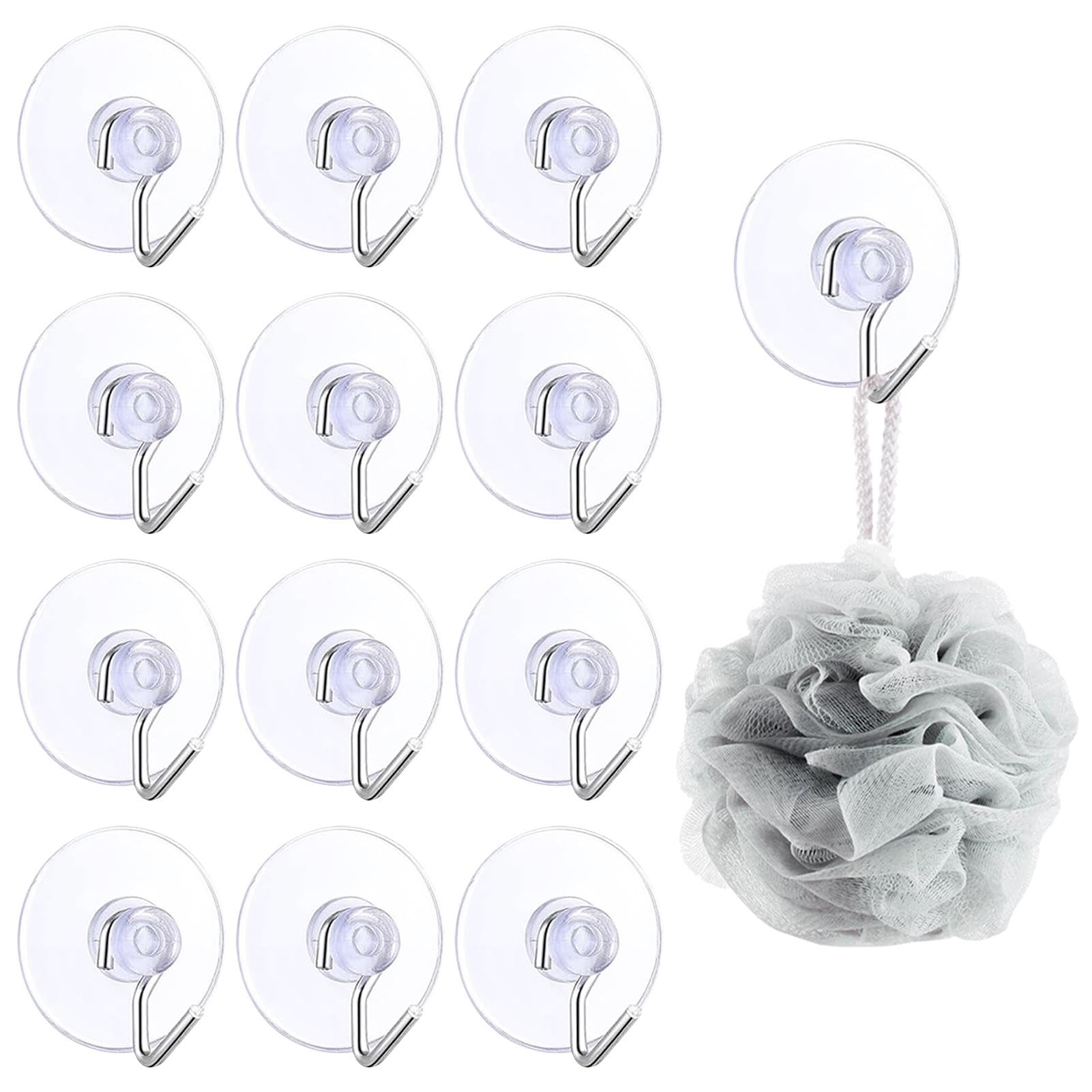 Zernavith 12Pcs Suction Cup Hooks,40mm Clear Silicone Sucker Pads,Kitchen Wall Hangers Window Sucker Hook No Drill for Glass Tile Door Bathroom Shower Christmas Lights Hanging Wreath