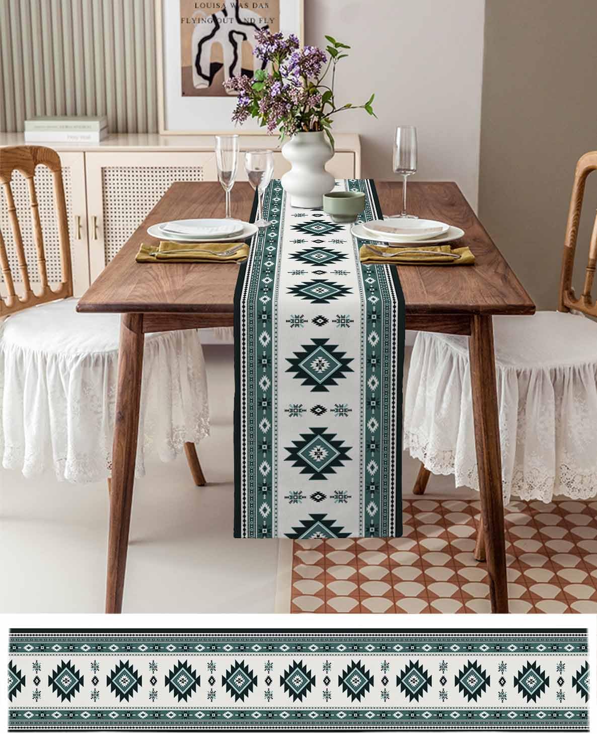 Abstract Cotton and Linen Table Runner, Kitchen Table Runners for Family Dinner, Banquet, Parties and Celebrations, Bohemian Aztec Style Table Decor, 13 x 90 inch