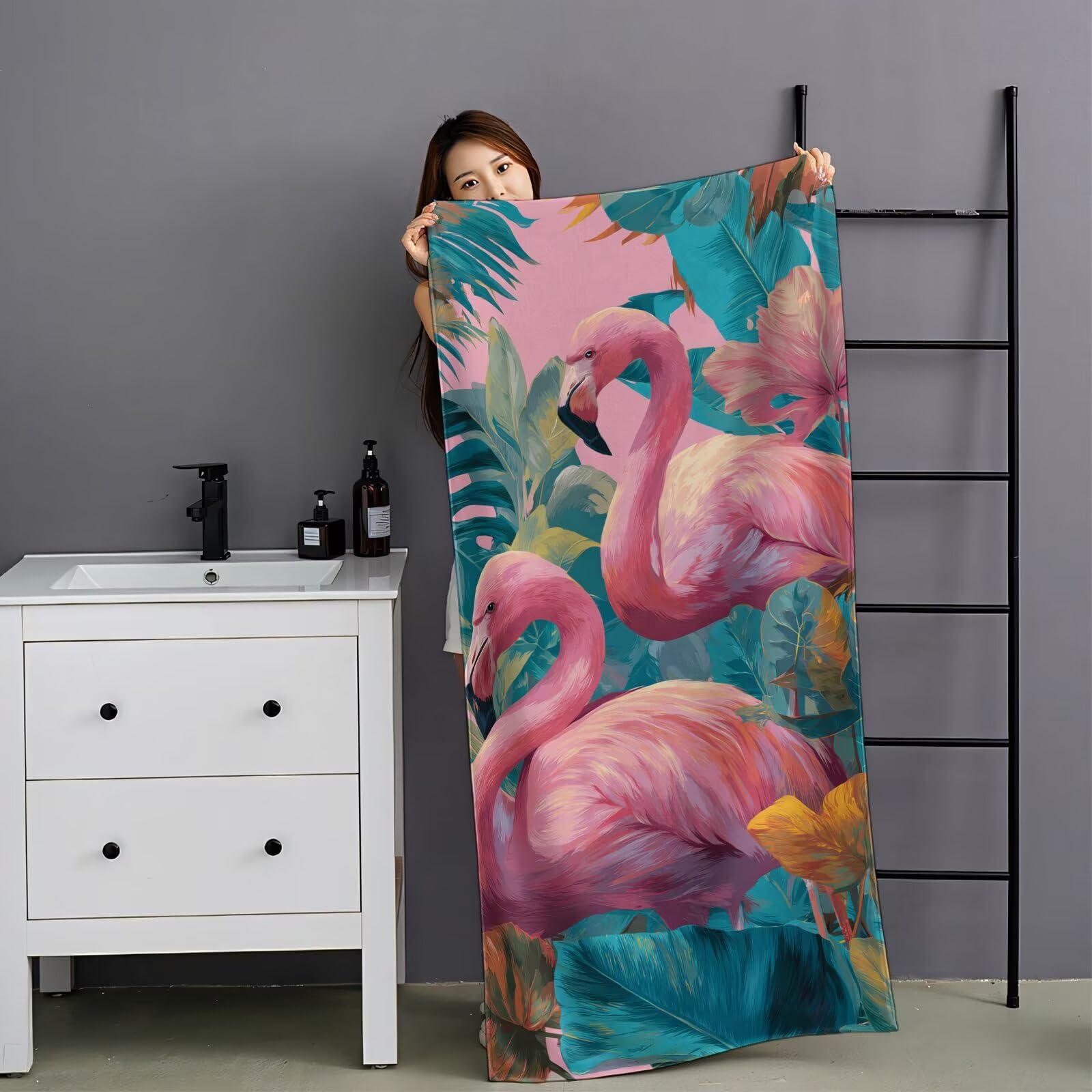 Ręcznik plażowy z flamingiem, z mikrofibry, 75 x 150 cm, zestaw 2 szt., szybkoschnący, ultra cienki, lekki, kompaktowy, z torbą, dla kobiet i mężczyzn, na kemping, fitness, urlop YJ-995