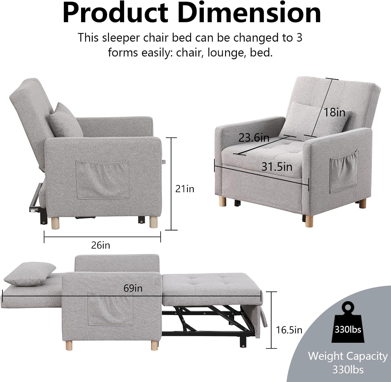 Sleeper Chair,Convertible Sleeper Sofa Chair,Pull Out Sleeper Chair with Adjustable Backrest,Multi-Functiona Lounge Chair for Living Room(Light Grey)