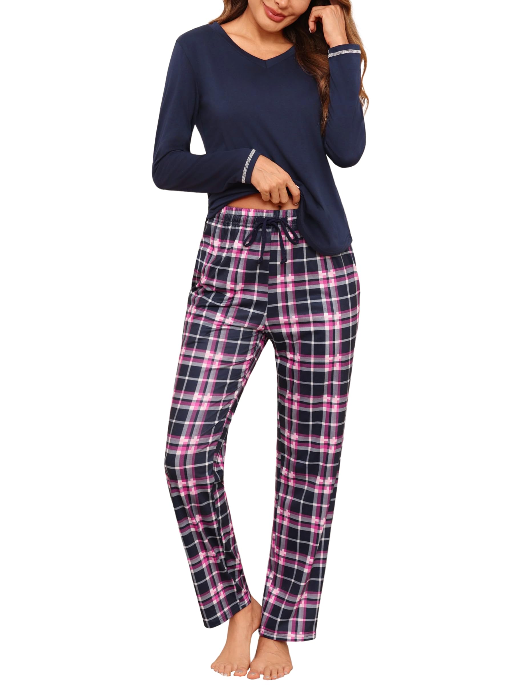 Litherday Pigiama Donna Invernale in Cotone Due Pezzi con Maglia a Manica Lunga e Pantaloni a Quadri Scollo a V Comodo per Casa Autunno Inverno S-XXL