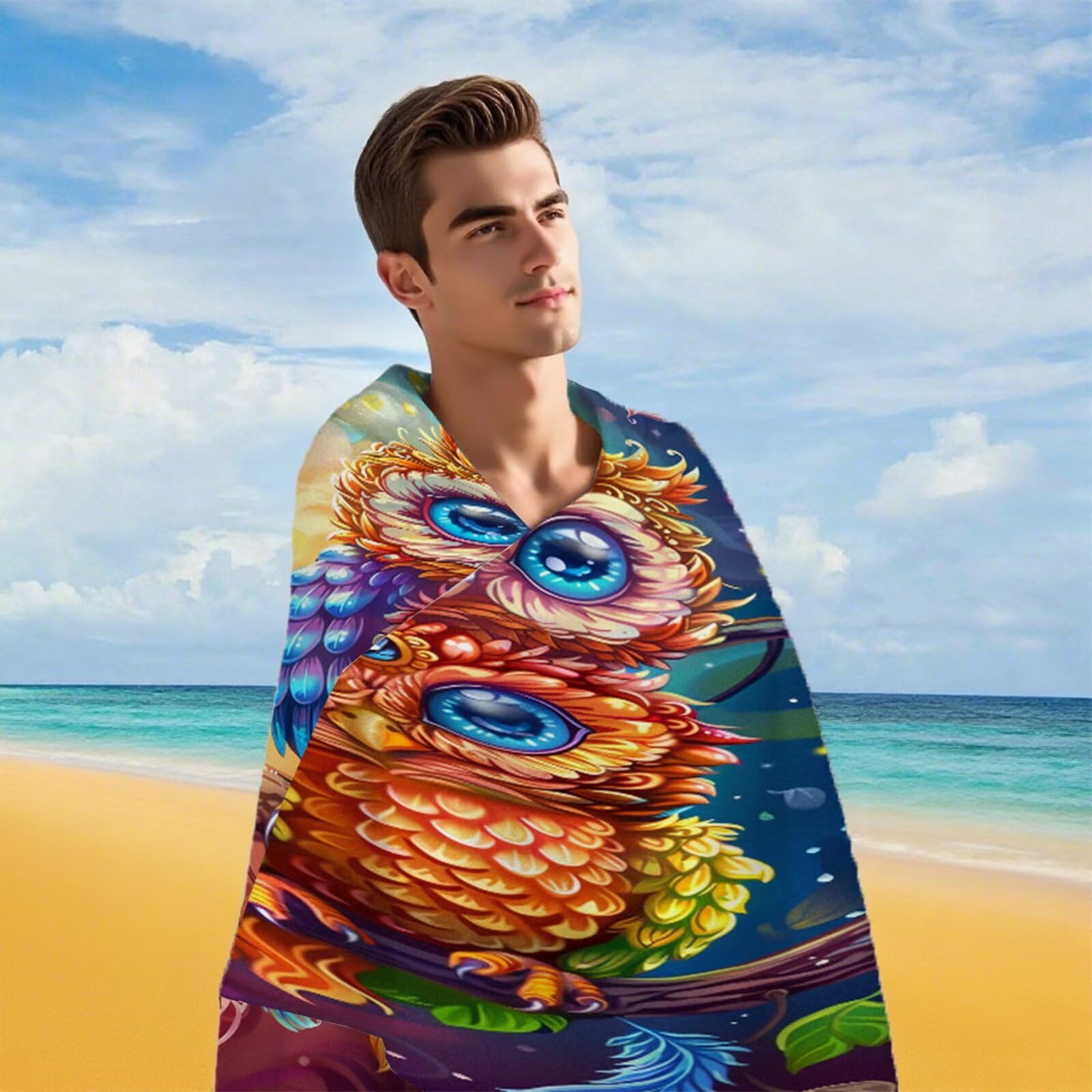 Ręcznik plażowy z motywem sowy z mikrofibry, duży 220 x 100 cm, ręcznik do sauny, szybkoschnący, bez piasku, chłonny ręcznik kąpielowy, nie zajmuje dużo miejsca, podróżny ręcznik na urlop na plaży, Y1