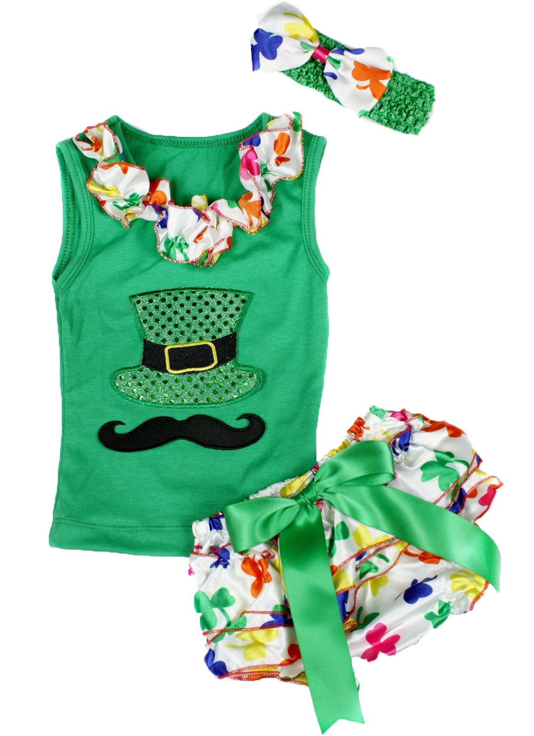 St Patrick Day Dress Beard Hat Green Shirt Rainbow Clover Leaf Bloomer Set 3-12m (Green)