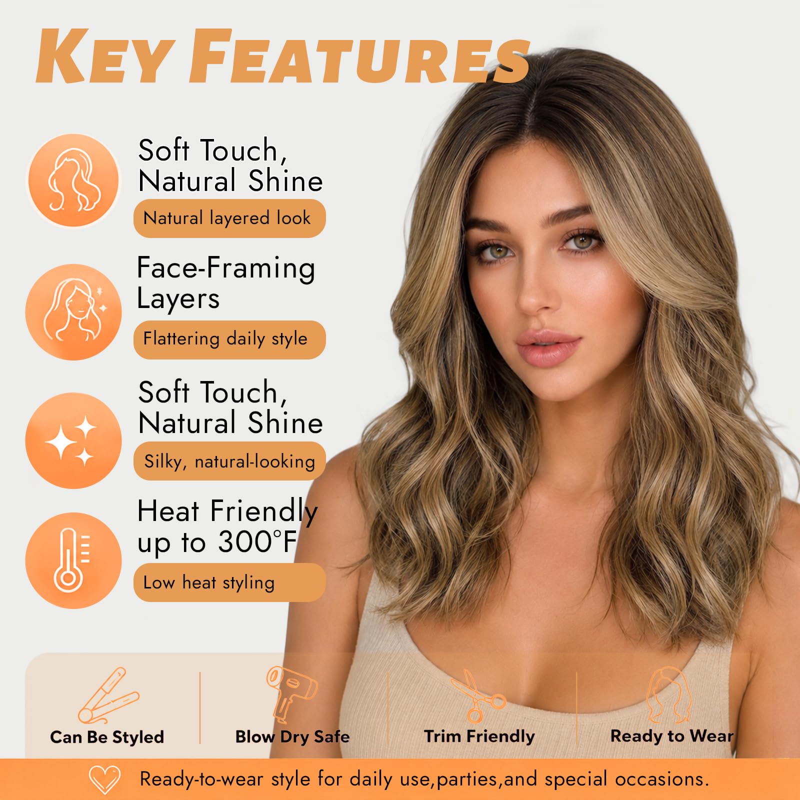 18 Inch Wavy Synthetic Wig with Curtain Bangs and Lace Hairline