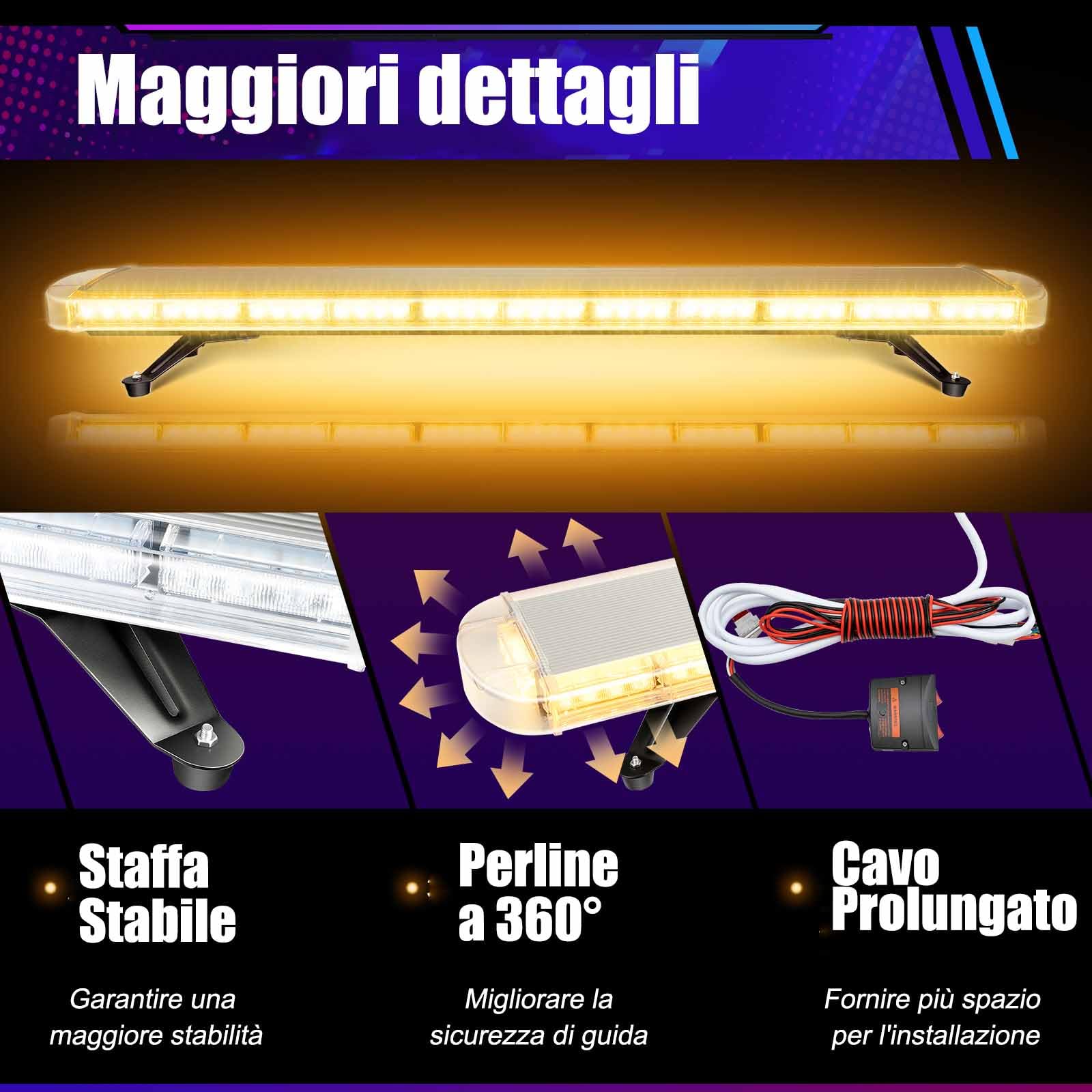 96 LED lampeggiante di emergenza, 130 cm, 16 modalità Lampeggiante da tetto, lampeggiante di sicurezza con base magnetica, adatto per veicoli commerciali 12V/24V，Trattore lampeggiante
