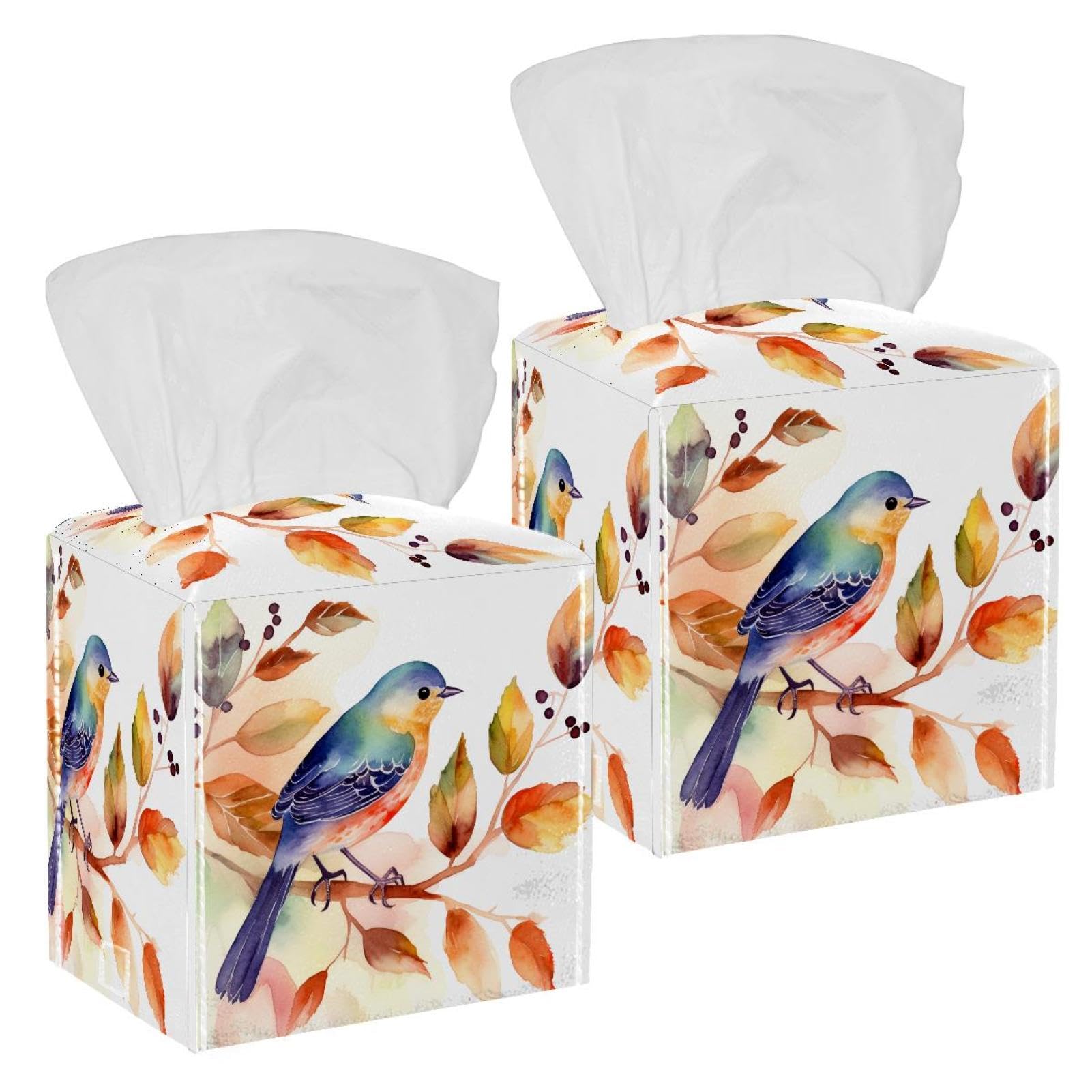 Watercolor Bird Tissue Box Cover, 2 Pack PU Leather Square Facial Tissue Dispenser Box holder for Home Office Car
