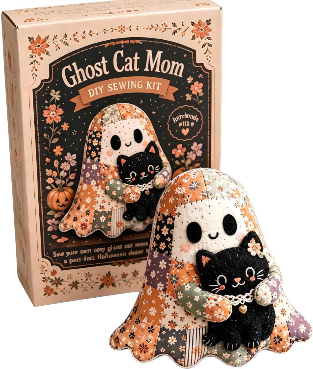 Little Ghost’s Cozy Halloween DIY Patchwork Kit, Retro Cute Ghost Patchwork Sewing Craft Kit with Pre-Cut Fabric Stuffing & Accessories Gift for Adults & Craft Lovers (Ghost Cat Mom)