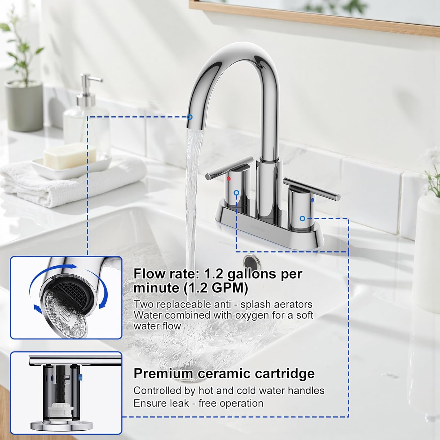 Hurran 4 Inch Bathroom Faucet for Sink 3 Hole, Chrome Bathroom Faucet with Pop-up Drain and 2 Supply Hoses,Stainless Steel Lead-Free 2-Handle Centerset Faucet for Sink Vanity RV