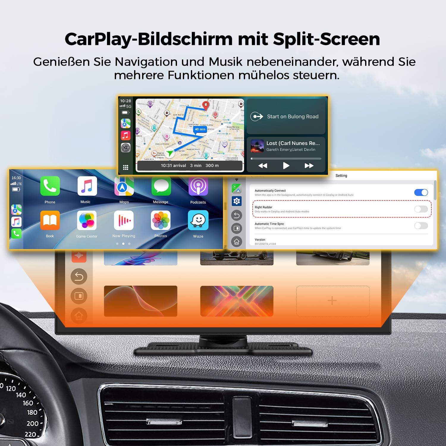 Écran Voiture 10,25 Pouces Carplay sans Fil avec Caméra de Conduite 2,5K + 1080P Compatible AppIe Carplay et Android Carplay Portable Autoradio Assistant Navigation 64GB TF Mirrorlink Bluetooth AUX
